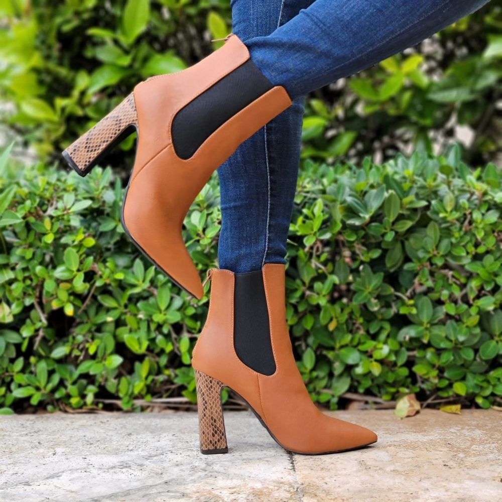 Ankle Zip Boots Pointed Toe Chunky Printed Block Heels - Picture 4 of 5